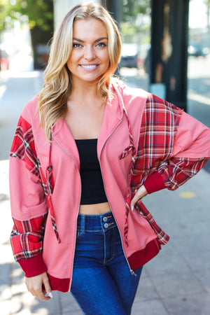 Adorable in Marsala Plaid Color Block Zipper French Terry Hoodie