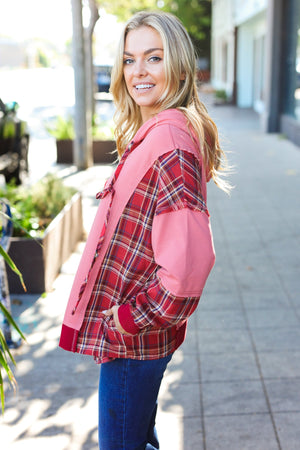 Adorable in Marsala Plaid Color Block Zipper French Terry Hoodie