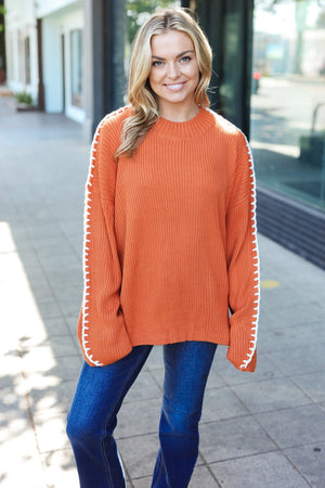 Rust Rib Knit Stitch Detail Oversized Sweater