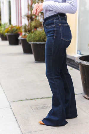 Judy Blue High Rise Dark Wash Raw Hem Flare Jean