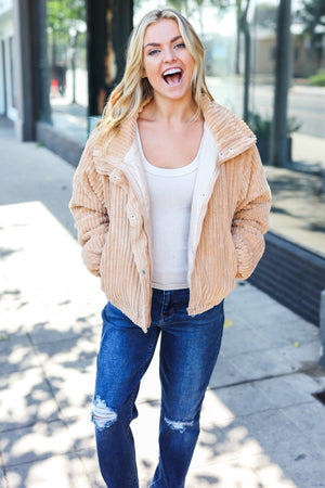 Casual Chic Latte Corduroy Ribbed High Neck Puffer Jacket