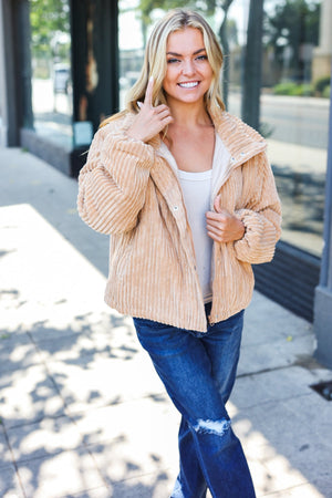 Casual Chic Latte Corduroy Ribbed High Neck Puffer Jacket