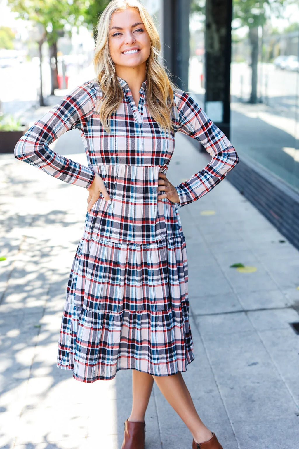 Feeling Joyful Taupe Plaid Notched Neck Tiered Dress