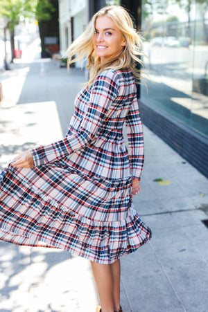 Feeling Joyful Taupe Plaid Notched Neck Tiered Dress