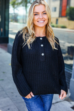 Casual Living Black Loose Knit Henley Button Sweater