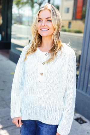 Casual Living White Loose Knit Henley Button Sweater