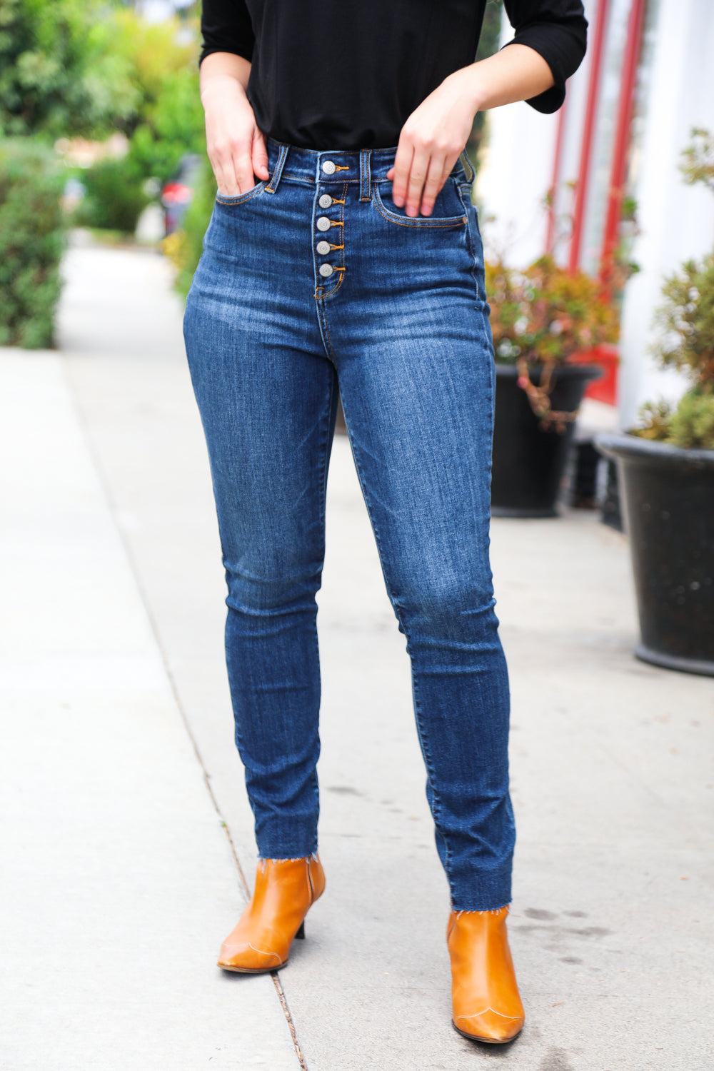 Judy Blue High Rise Dark Denim Button Fly Skinny Jeans