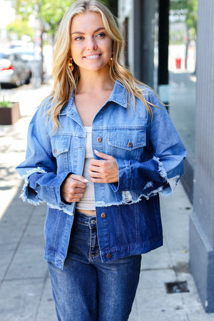 Blue Color Block Distressed Denim Jacket