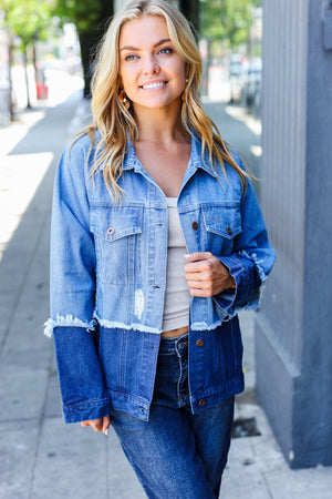 Blue Color Block Distressed Denim Jacket