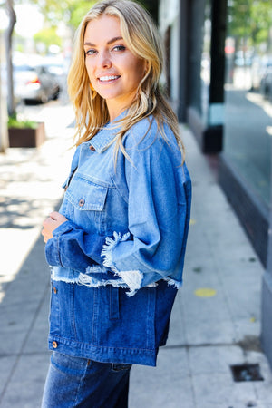 Blue Color Block Distressed Denim Jacket