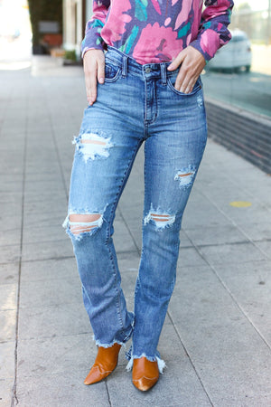 Judy Blue Mid Rise Medium Wash Distressed Straight Leg Jeans