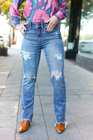 Judy Blue Mid Rise Medium Wash Distressed Straight Leg Jeans