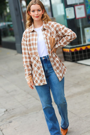 Taupe Plaid Velvet Pocket Button Down Top