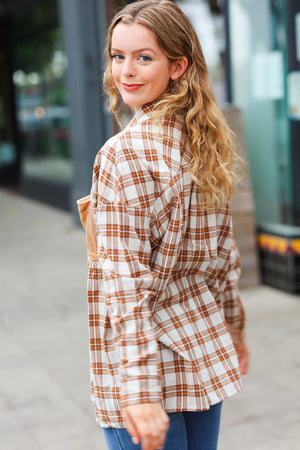 Taupe Plaid Velvet Pocket Button Down Top