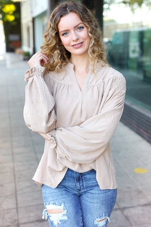 Boho Vibes Taupe Notched Neck Smocked Bubble Sleeve Top