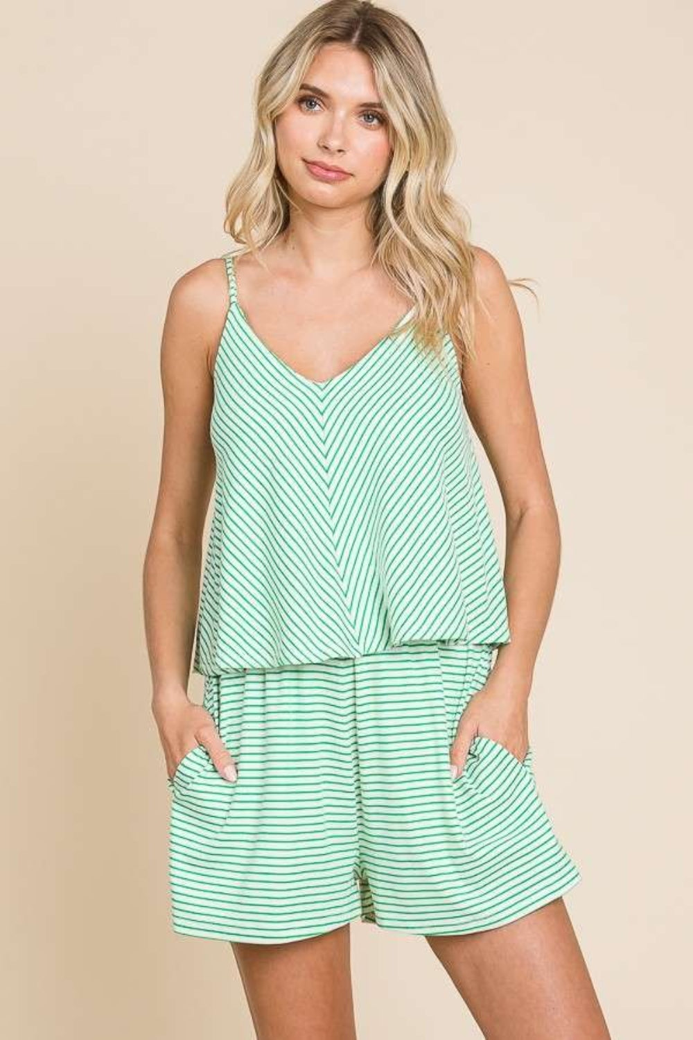 Double Flare Striped Romper Candy Green