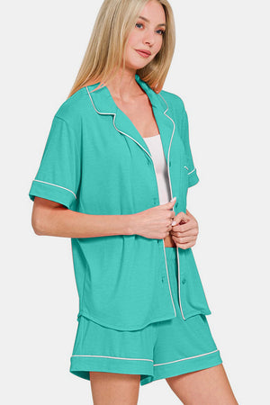 Zenana Button Down Short Sleeve Top and Shorts Lounge Set Turquoise