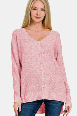 Zenana High-Low Center Seam V-Neck Sweater Pink