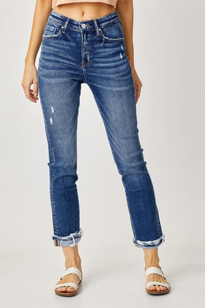 Risen High Rise Frayed Cuffed Straight Jeans