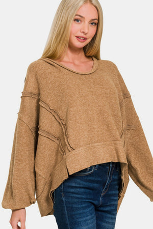 Zenana Brushed Hacci Exposed Seam Hoodie Camel