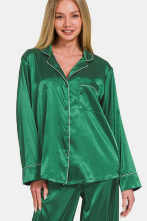 Zenana Satin Long Sleeve Shirt and Pants Pajama Set Hunter Green