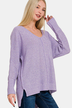 Zenana High-Low Center Seam V-Neck Sweater Lavender