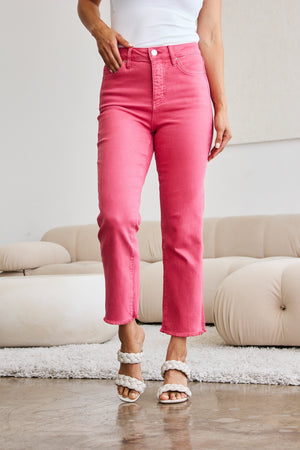 RFM Tummy Control High Waist Raw Hem Straight Leg Jeans in Sunkissed