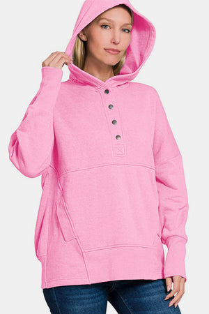 Zenana Half Snap Long Sleeve Hoodie with Kangaroo Pocket Fuschia Pink