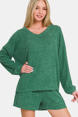 Zenana V-Neck Long Sleeve Ribbed Top and Shorts Set Dark Green