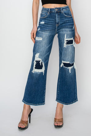 Risen High Rise Patch Detailed Straight Leg Crop Jeans