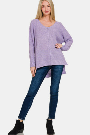 Zenana High-Low Center Seam V-Neck Sweater Lavender