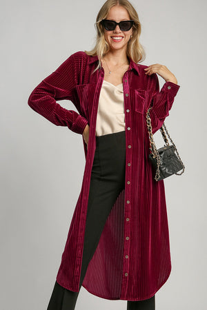 Texture Curved Hem Button Down Velvet Shirt Dress Burgundy