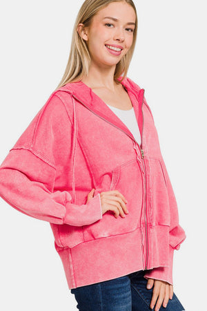 Zenana Acid Washed French Terry Zip-Up Hoodie with Pockets Fuchsia