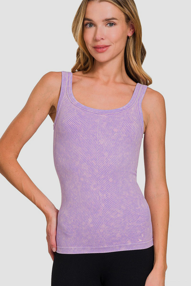 Zenana Ribbed Scoop Neck Mineral Washed Tank Lavender