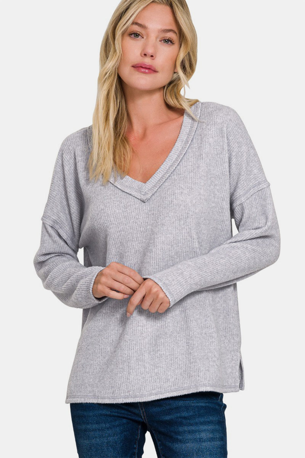 Zenana Ribbed V-Neck Drop Shoulder Top H Gray