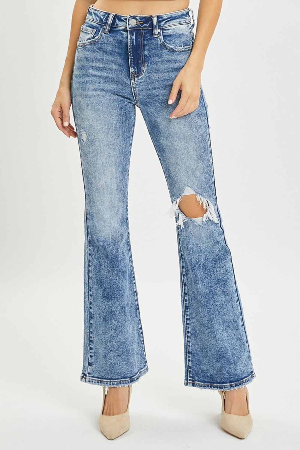 RISEN High Rise Acid Wash Distressed Flare Jeans