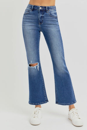 RISEN High Rise Distressed Knee Crop Flare Jeans