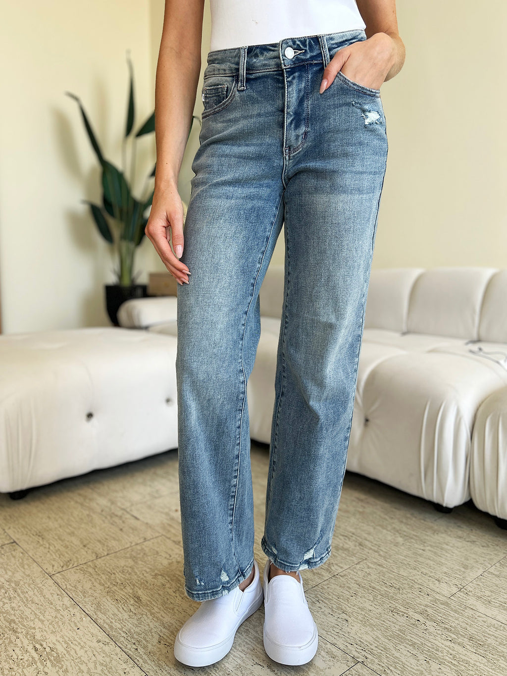 Judy Blue Mid Rise Light Distressed Straight Leg Jeans