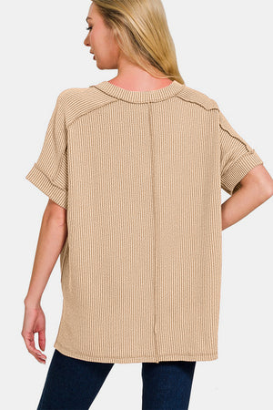 Zenana Corded Rib Short Sleeve High-Low T-Shirt Lt Mocha