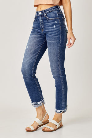 Risen High Rise Frayed Cuffed Straight Jeans