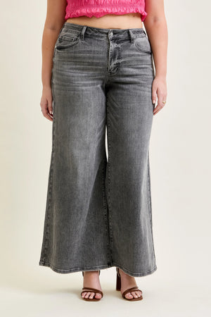 Judy Blue Mid Rise Palazzo Split Back Yoke Washed Grey Jeans