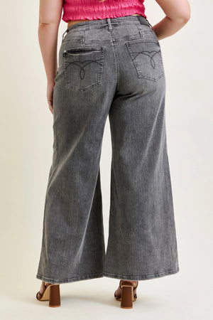 Judy Blue Mid Rise Palazzo Split Back Yoke Washed Grey Jeans