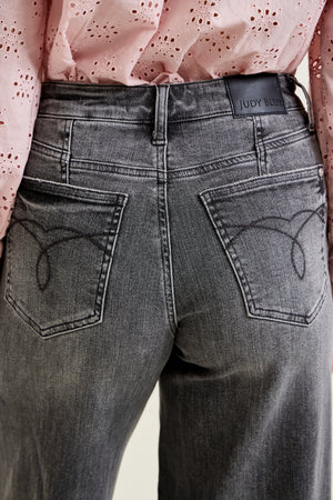 Judy Blue Mid Rise Palazzo Split Back Yoke Washed Grey Jeans