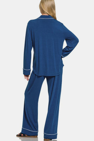 Zenana Button Down Long Sleeve Top and Pants Lounge Set Blue