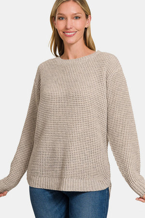 Zenana High Low Long Sleeve Waffle Knit Sweater Mocha