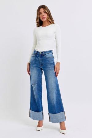 Judy Blue High Waist Distressed Retro Wide Leg Cuffed Raw Hem Jeans