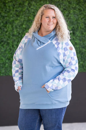 Zoey ZipCowl Sweatshirt - Blue and Mint Checker by Michelle Mae