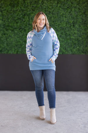 Zoey ZipCowl Sweatshirt - Blue and Mint Checker by Michelle Mae