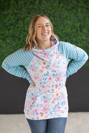 Zoey ZipCowl Sweatshirt - Watercolor Floral and Stripe by Michelle Mae