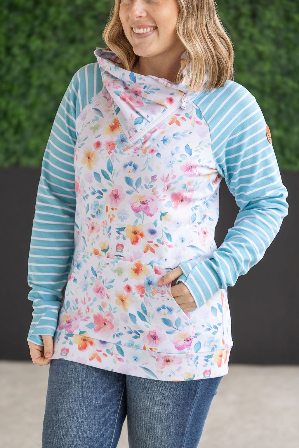 Zoey ZipCowl Sweatshirt - Watercolor Floral and Stripe by Michelle Mae